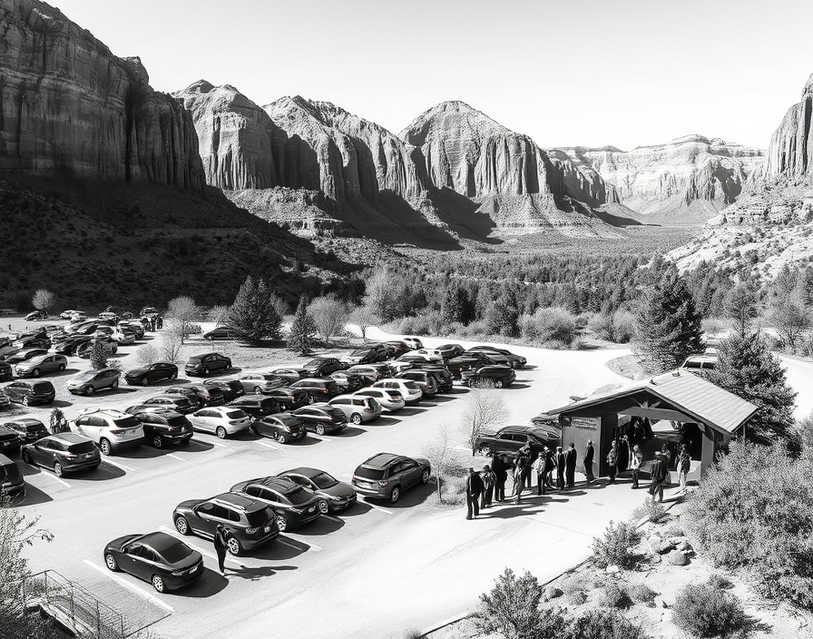 Busy trailhead parking area at Zion National Park with numerous vehicles and visitors queued to start hiking.