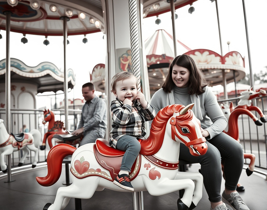 Young children riding a carousel at a small regional theme park with parents watching.