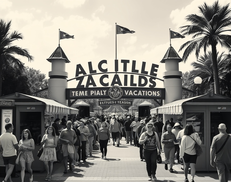 Large crowds of visitors queued at a busy theme park entrance gate during daytime hours