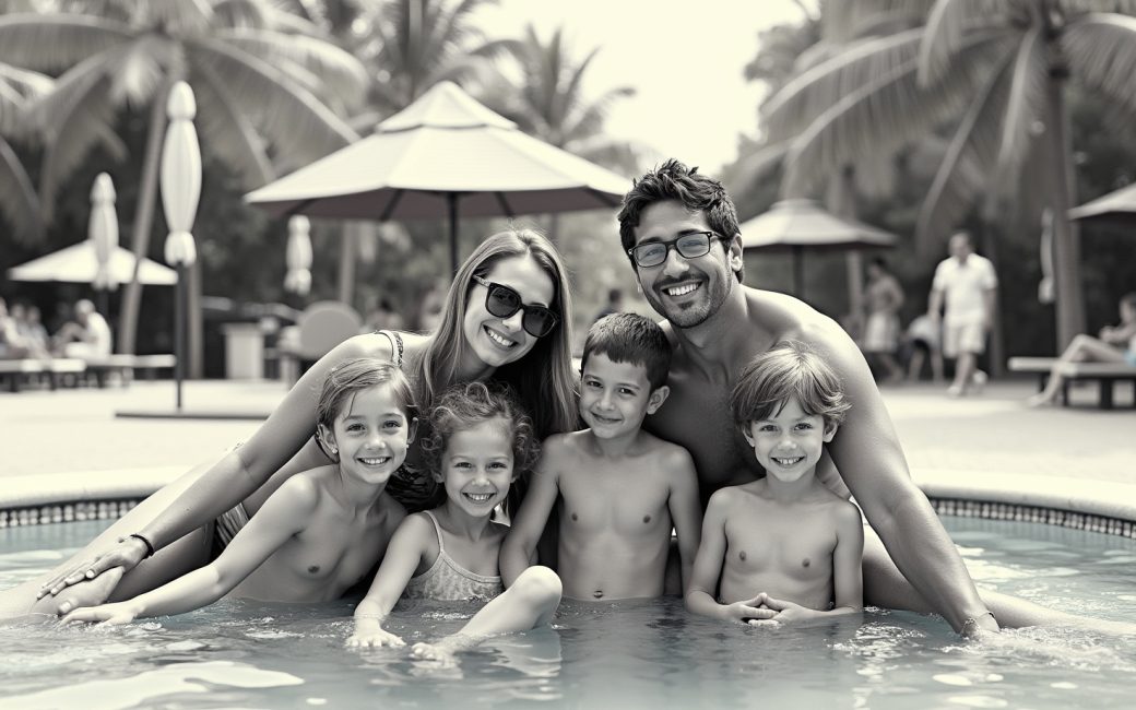 Family enjoying poolside activities at an all-inclusive resort with children playing in shallow water and parents nearby