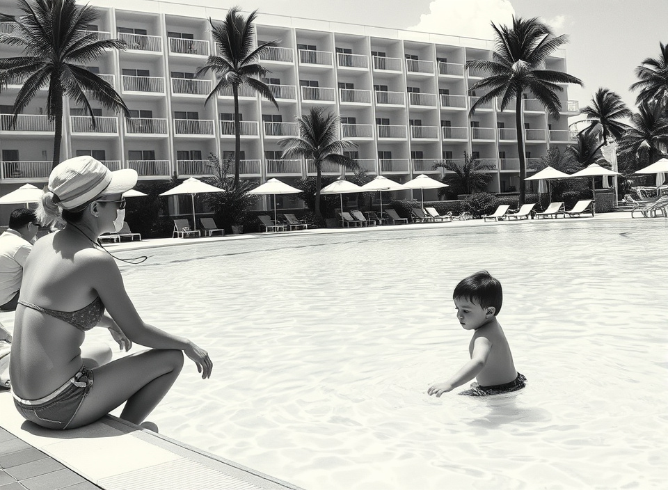 Young child playing in a resort pool under adult supervision