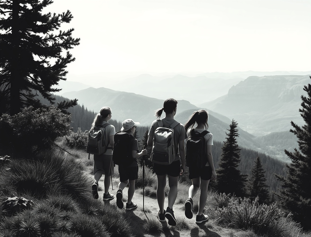 Older kids and teens hiking a mountain trail with scenic landscape views