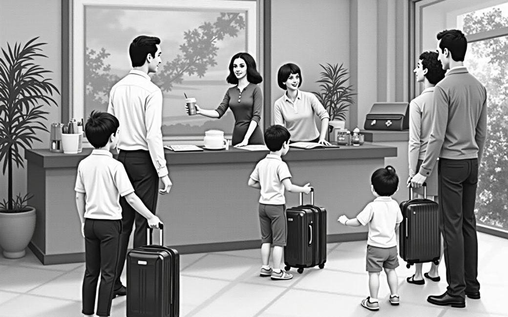 Family of mixed ages arriving at an all-inclusive resort lobby with luggage and belongings
