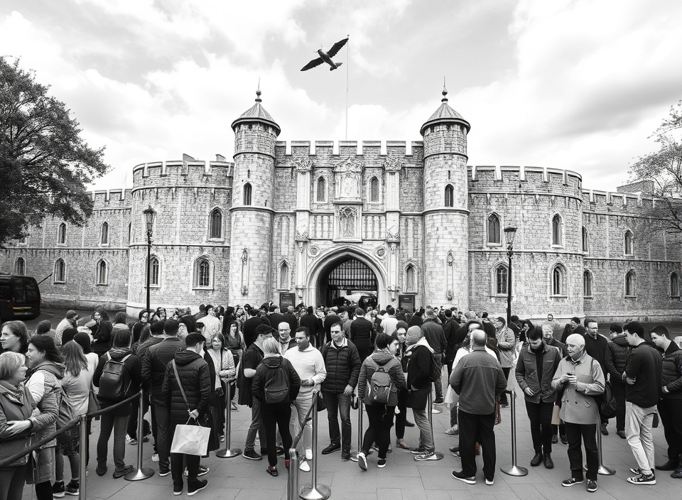 Visitors lined up at the Tower of London waiting to purchase admission tickets