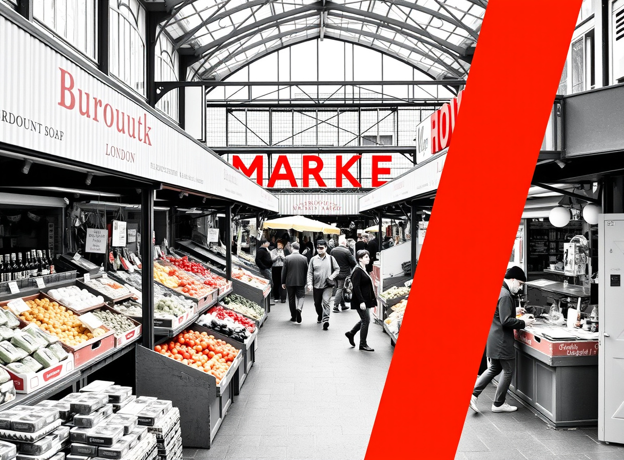 Market vendors and shoppers at Borough Market's bustling food stalls