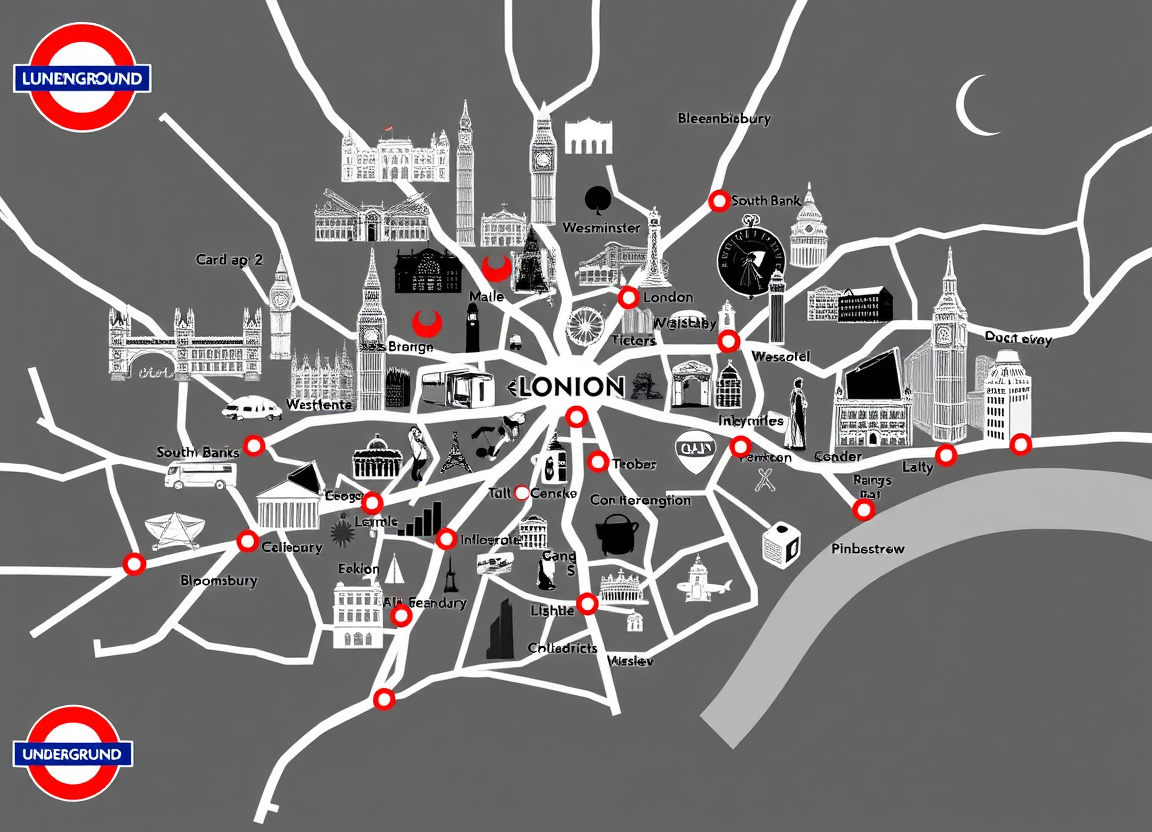 A London map highlighting major sightseeing clusters and nearby attractions.