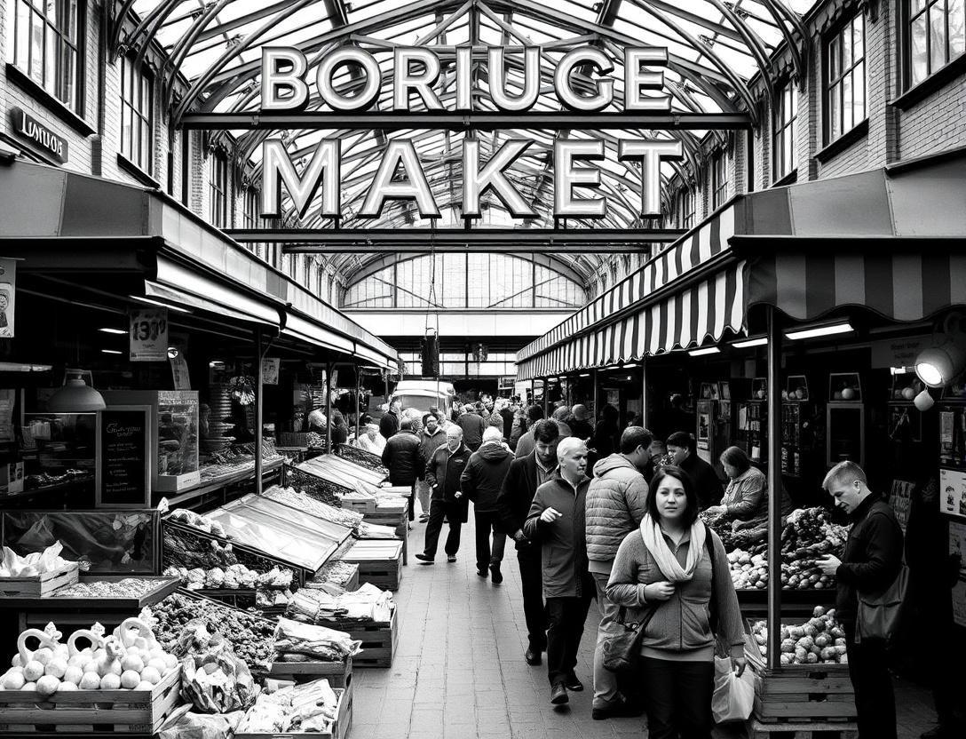 Shoppers browse fresh produce and food stalls at Borough Market in London.
