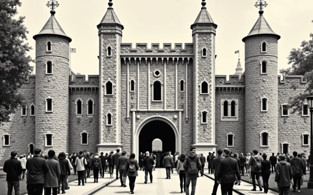 Visitors queue outside the Tower of London's entrance on a sunny day.
