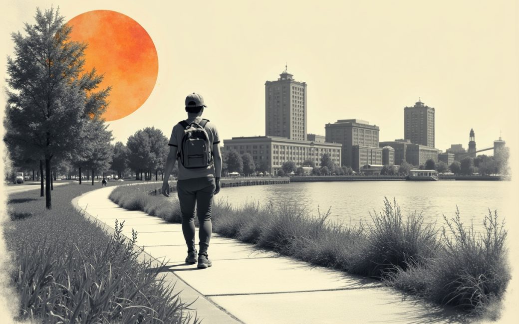 Person walking on a paved waterfront trail in Norfolk with river and buildings ahead