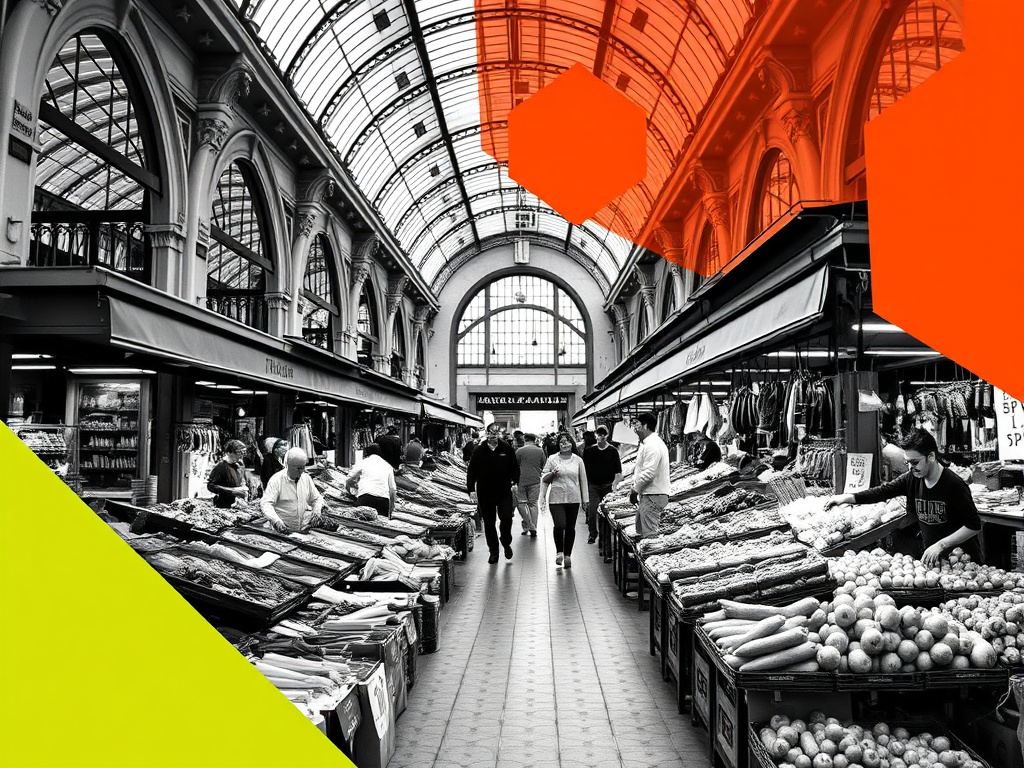 Early morning at Barcelona's Boqueria market with vendors setting up fresh produce stalls