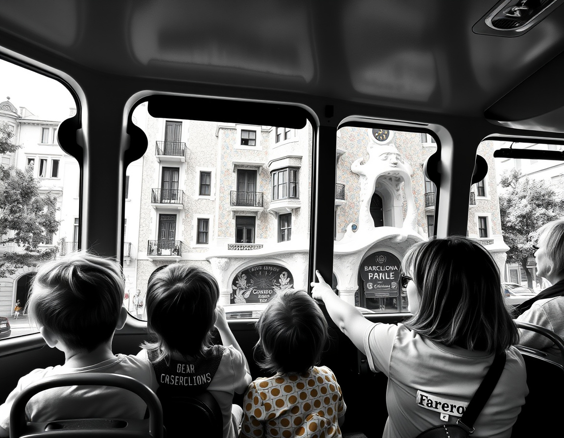 Children viewing Barcelona's Casa Batlló from an open-top tour bus window