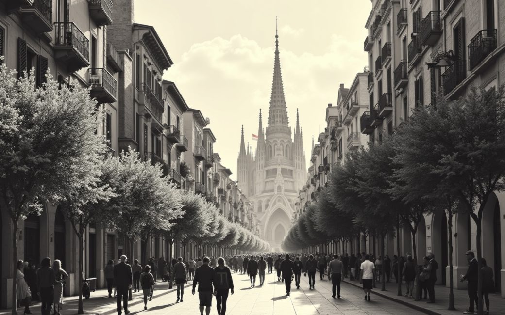 Barcelona's Gothic Quarter with historic architecture and crowded La Rambla stretching toward the port