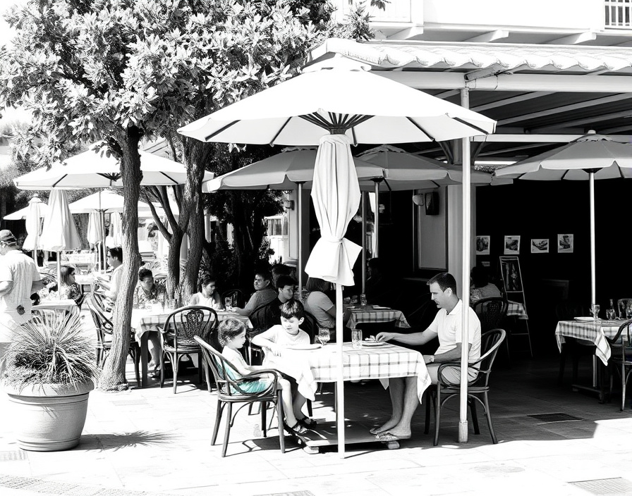 Family dining under shade at a Turkish resort during peak summer heat