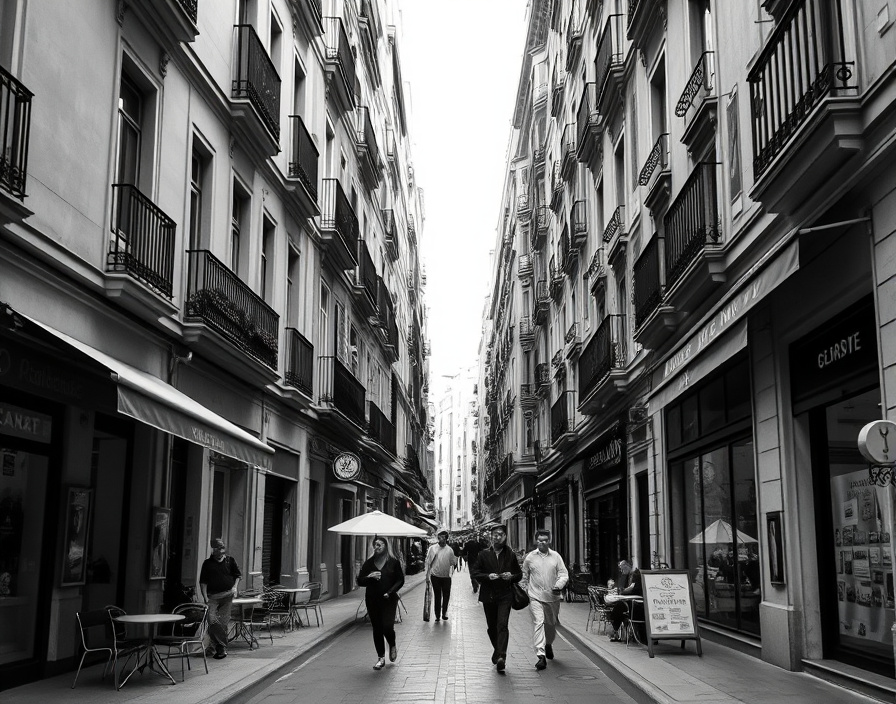 Locals stroll past cafes and shops on a peaceful Gracia neighbourhood street in Barcelona.