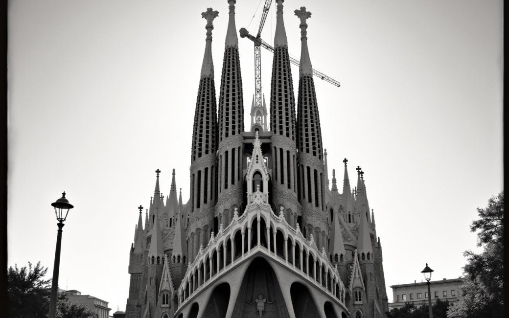 Sagrada Familia's ornate stone facade gleams in early morning sunlight.
